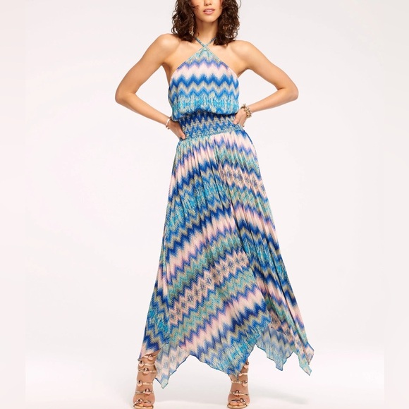 NWT Ramy Brook Giana Halter Maxi Dress Blue Pink Retro Chevron Sz XXL - Picture 16 of 16